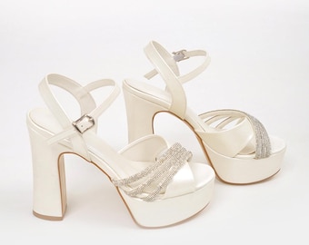 Women Cross Strap Diamond Platform Bridal Wedding Shoes White High Heel Bride Heels
