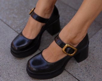 Stylish Chunky Heeled Mary Jane, BlackMary Jane with a buckle, Block Heeled Mary Jane, woman shoes, Woman Mary Jane, Square Heeled Mary Jane