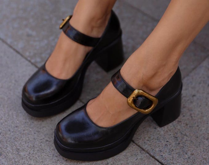 Handmade Vegan Leather Chunky Heel Mary Janes