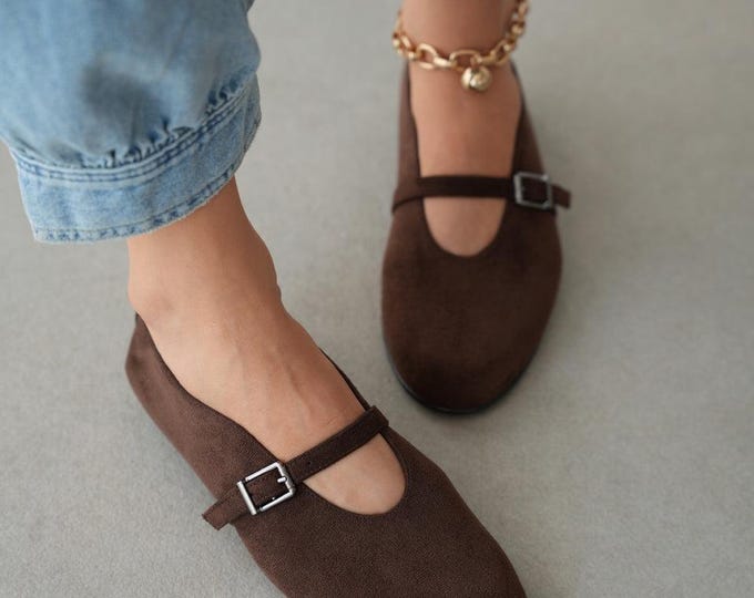 Brown Velvet Mary Jane Flats with Adjustable Gold Buckle Strap