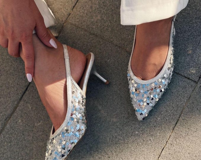 Silver Sequin Slingback Heels, Sparkling Pointed Toe Kitten Heels, Elegant Bridal Party Shoes, Shimmery Cocktail Pumps
