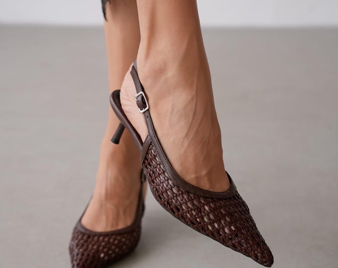 Brown Knit Women's Heels, Open-Back Women's Shoes with Buckle Detail, Nostalgic Women's Heels