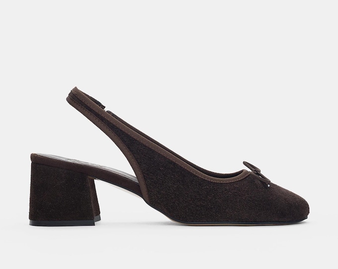 Brown Leather Slingback Heels, Bow Detail Block Heel Pumps, Comfortable Genuine Leather Shoes for Women