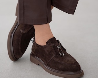 Brown Suede Leather Loafers: Women's Lace-Up Flats
