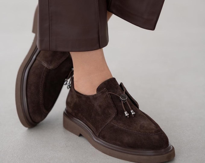 Brown Suede Leather Loafers: Women's Lace-Up Flats