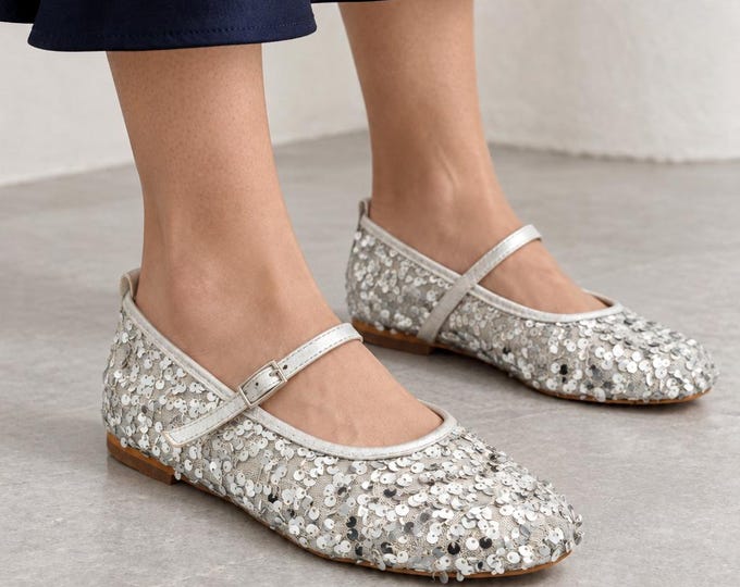 Sequin Mary Jane Flats in Silver with Adjustable Buckle Strap