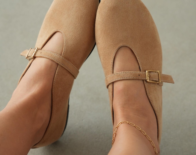 Beige Velvet Mary Jane Flats, Gold Buckle Strap Shoes, Oval Toe Ballet Flats, Comfortable Women Shoes