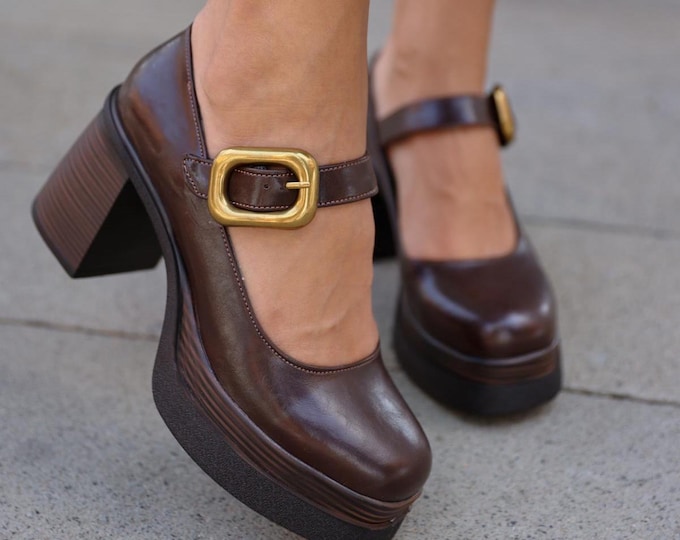Featured listing image: Stylish Chunky Heeled Mary Jane,Brown Mary Jane with a buckle, Block Heeled Mary Jane, woman shoes, Woman Mary Jane, Square Heeled Mary Jane