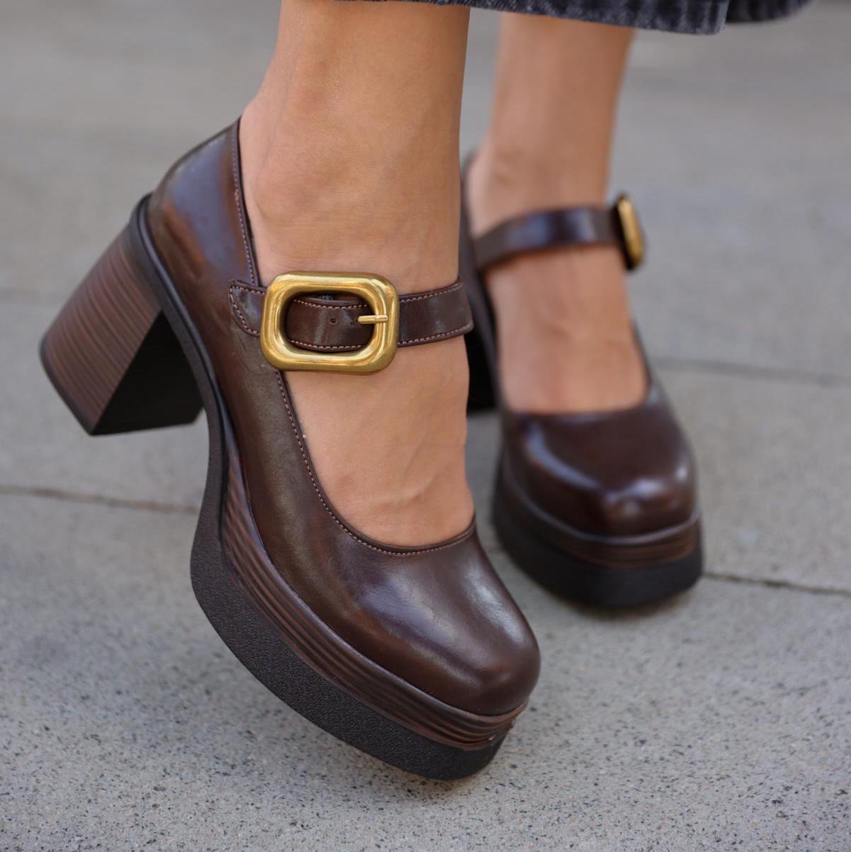 Handmade Brown Vegan Leather Mary Janes Chunky Heel Buckle Shoes Etsy