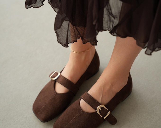 Brown Velvet Mary Jane Flats, Square Toe, Gold Buckle Strap, Women's Ballet Shoes