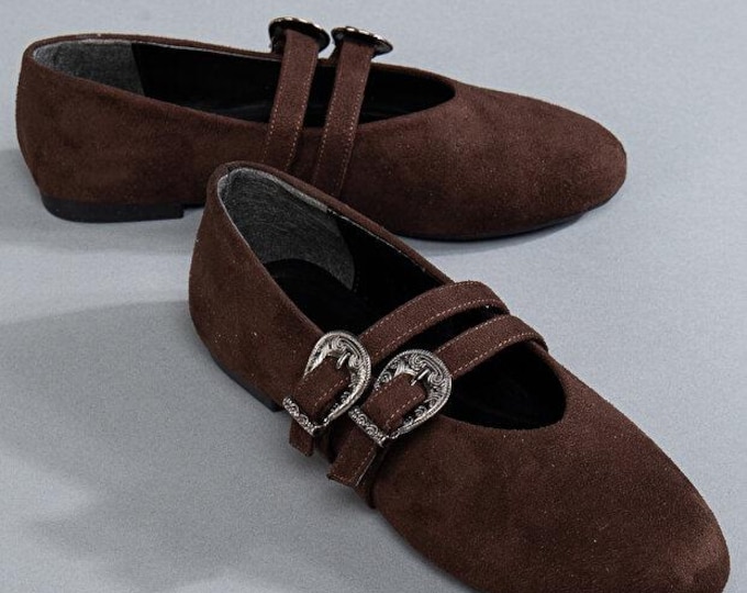 Brown Suede Ballet Flats with Buckle | Elegant Women's Loafers