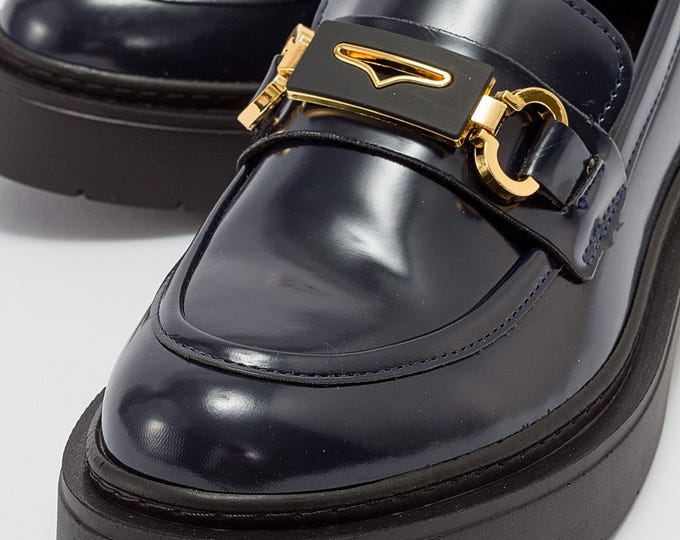 Handmade Vegan Leather Loafers: Blue Chunky Sole, Gold Detail