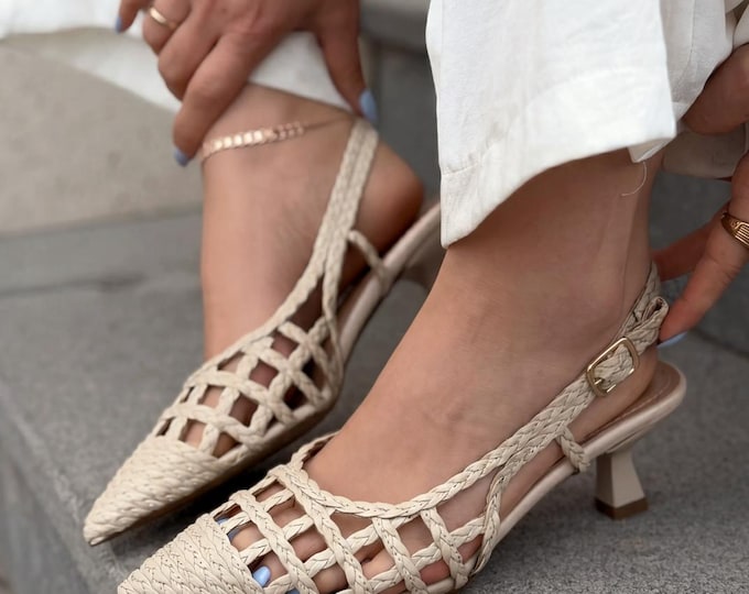 Woven Slingback Heels, Beige Mesh Pointed Toe Kitten Heels, Nude Braided Summer Shoes, Handmade Low Heel Bridal Sandals, Comfortable Pumps