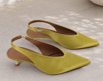 Green Handmade Slingback Kitten Heels, Pointed-Toe Low-Heel Pumps, Comfortable Scuba Fabric Dress Shoes, Classic Women's Wedding Guest Heels