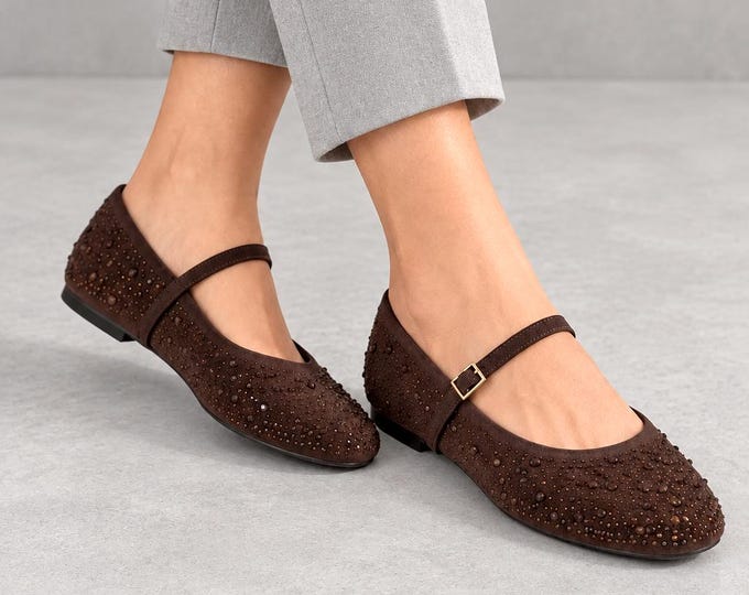 Rhinestone Mary Jane Flats in Brown, Round Toe with Buckle Strap