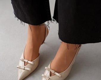 Elegant Double Bow Side Open Stiletto – Pointed Toe, Women's Party Pumps for Weddings & Evening Events, Heel with Ankle Buckle Detail