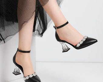 Leather bridal high heels, wedding high heels, women's high heels, Black Ankle-Strap Heels with Clear Block Heel & Rhinestone Embellishment
