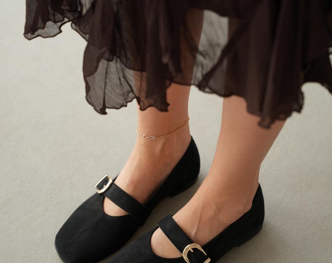 Black Velvet Mary Jane Flats, Square Toe, Gold Buckle Strap, Women's Ballet Shoes