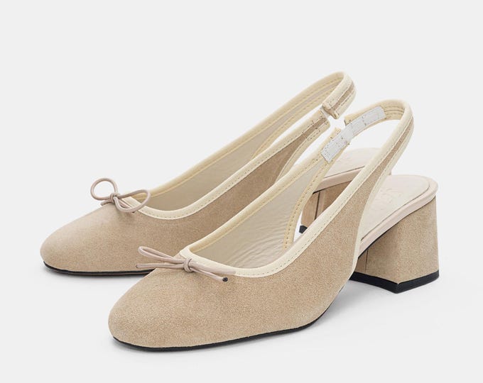 Beige Leather Slingback Heels, Bow Detail Block Heel Pumps, Comfortable Genuine Leather Shoes for Women