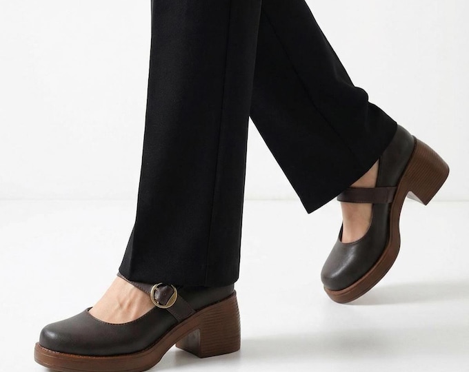Handmade Brown Vegan Mary Jane Shoes: Chunky Heel, Adjustable Buckle