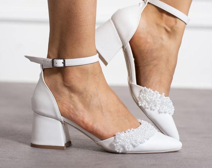 Ivory Pearl-Embellished Wedding Heels: Elegant Ankle Strap Block Heel Shoes