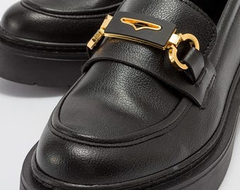 Black Thick Soled Moccasin, Woman Shoe, Women Loafer, Woman Flat Shoe, Comfortable Shoe,Black Patent Leather Heart Loafer Winter sole loafer