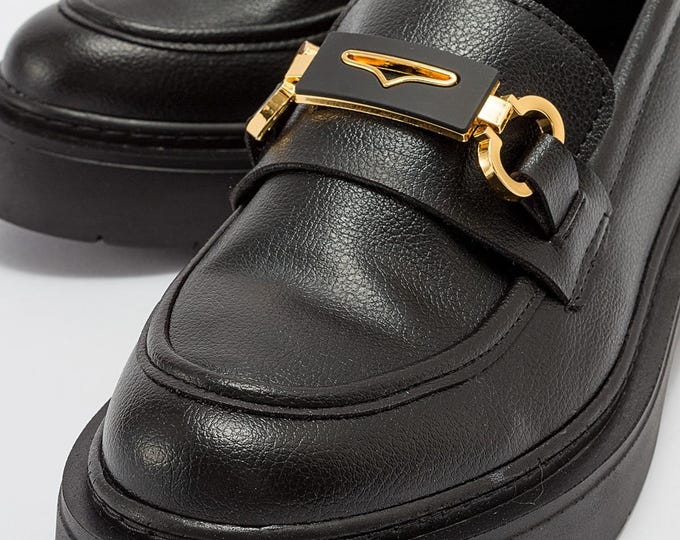 Handmade Vegan Leather Loafers: Black Chunky Sole with Gold Detail
