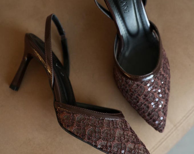 Brown Lace Bridal Heels – Elegant Pointed Toe Wedding Pumps