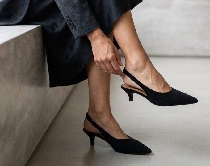 Black Suede Slingback Kitten Heels, Real Leather Lined Pointed Toe Pumps, Minimalist Everyday Dress Flats
