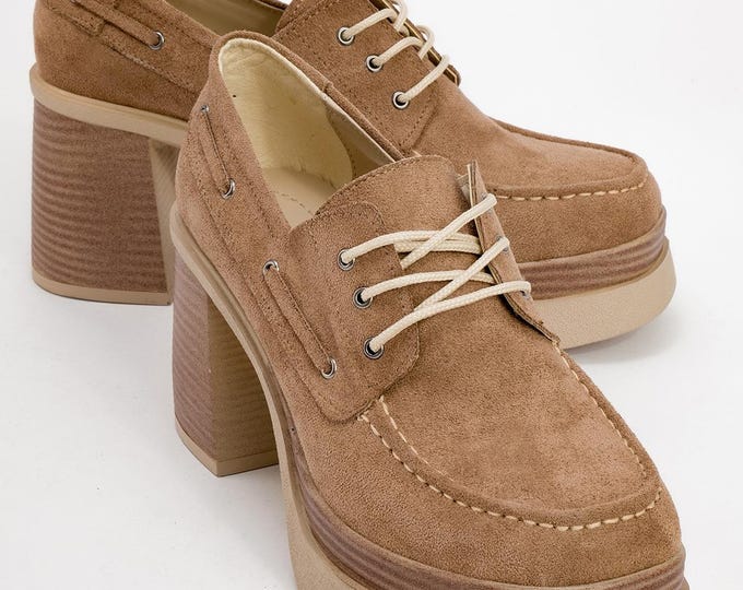 Handmade Beige Suede Platform Heels: Tassel Lace-Up Shoes