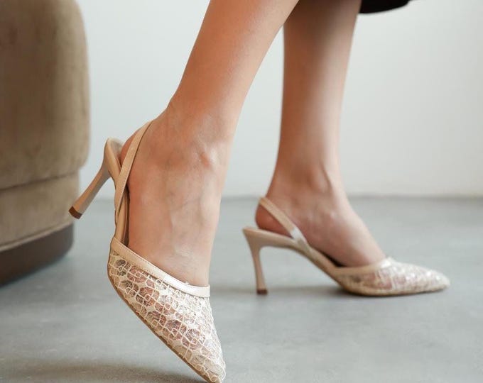 Beige Lace Bridal Heels – Elegant Pointed Toe Wedding Pumps
