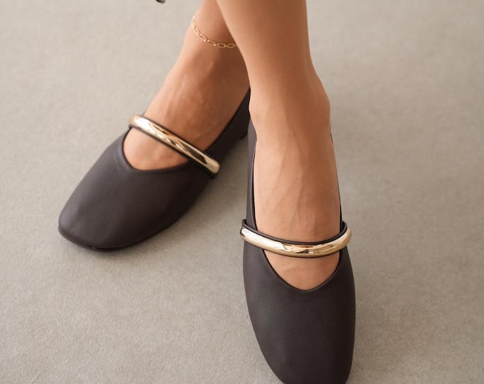 Gold Bar Detail Square Toe Ballerina Flats, Chic Dark Brown Women’s Mary Janes, Elegant Minimalist Wedding Guest Shoes, Comfortable Slip Ons