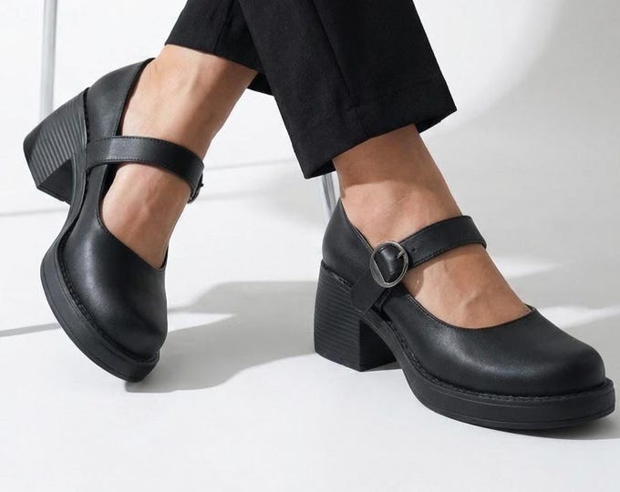 Handmade Black Vegan Mary Jane Shoes: Chunky Heel, Adjustable Buckle