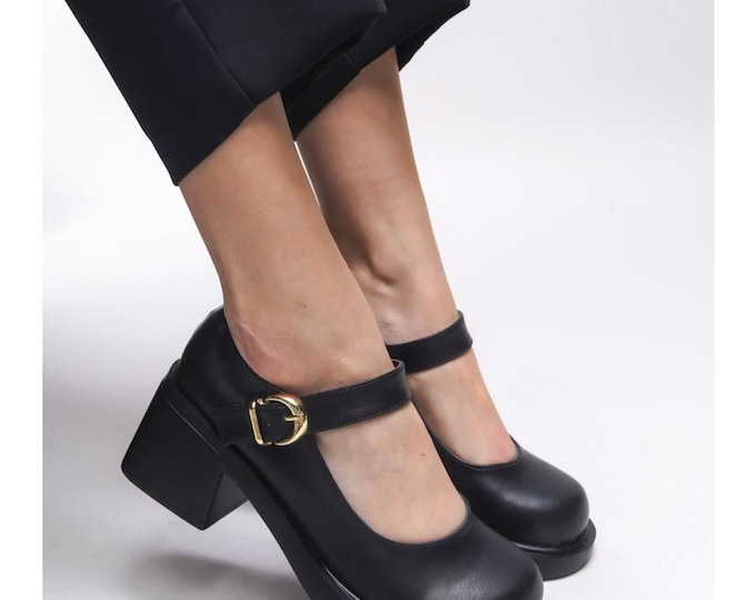 Black Artificial Leather Mary Jane Shoes, Chunky Platform Heel