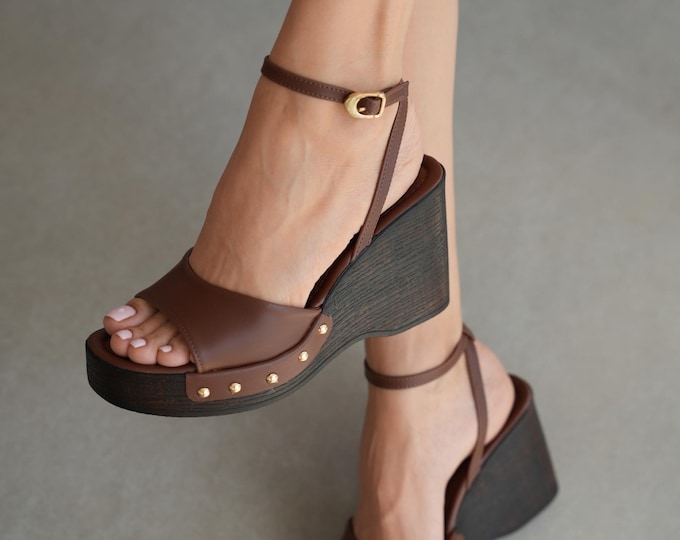 Brown Studded Wedge Sandals for Women, Boho Chic Summer Shoes, Gold Rivet Detail Wedges