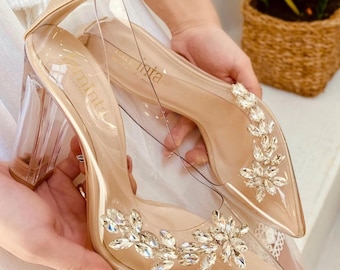 Princess Beige Transparent Flower Heeled Shoes. Special Design Shoes. Wedding Shoes. Cinderella Bridal Shoes