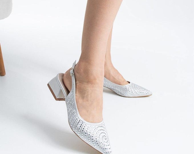 Women's Heeled Shoes with Silver Crystal Accents, Open-Back Block-Heel Shoes, Short-Heeled Shoes with Buckle Accents
