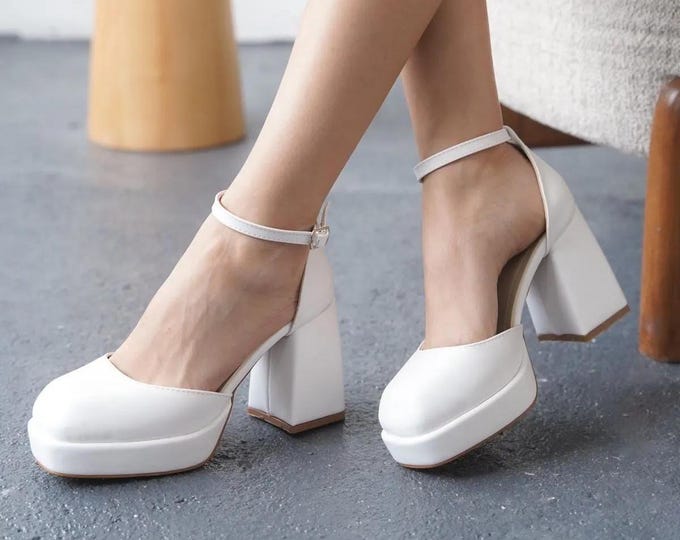 Handmade Ivory Wedding Heels: Vegan Leather Bridal Block Heel Pumps