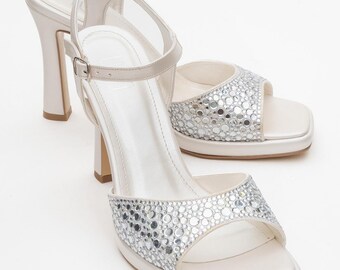 Elegant Ivory Bridal Shoes with Mother of Pearl Stones | Platform Heel Wedding Shoes | Square Toe & Ankle Strap | Evening Wedding Shoes