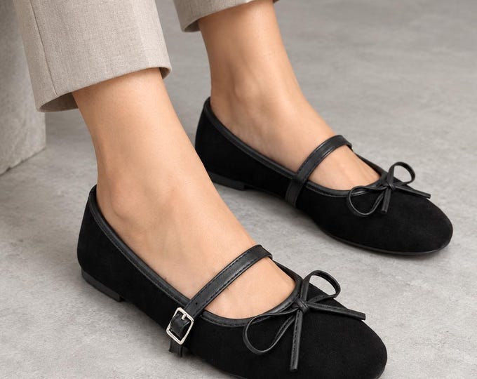 Mary Jane Flats in Black, Suede-Look with Bow Detail and Buckle Strap