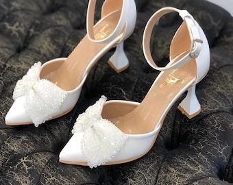 White Bow Detail Wedding Shoes, Pearl Embroidered Bridal Shoes with Delicate Bow Detail, Ankle Strap Women's Heels,Women's heels with pearls