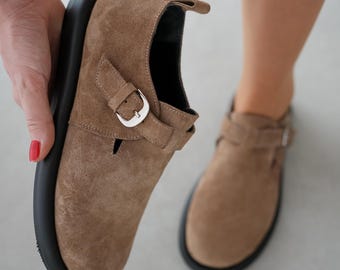 Suede Genuine Leather Buckle Loafers | Women’s Oval Toe Slip-On | Buckle Detail Oval Toe