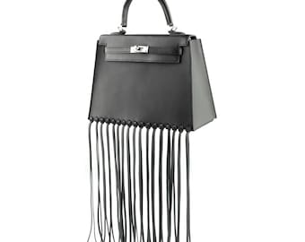 Black Fringe Bag Cover for Kelly bag | Leather Protective Bag Cape | Luxury Purse Cover with Long Tassels | Custom Handmade Bag Accessory