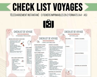 Liste à Cocher imprimable pour préparer votre valise de vacances, Check List Voyage, Organisateur de voyage, 3 pages PDF, Format A4 et A5