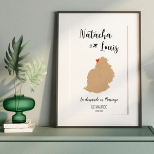 Poster Souvenir Personnalisé Demande en Mariage lors d'un Voyage - ILE MAURICE - Affiche Personnalisée Toutes Destinations Possibles