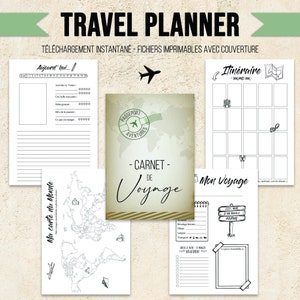 Planificateur de Voyage Imprimable - Journal de Voyage Couverture Vintage et Carte du Monde - Planning Vacances en Français - 10 Pages PDF