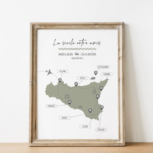 Poster de Voyage Pays avec itinéraire personnalisé - La Sicile, Italie - Idée cadeau - Carte de voyage personnalisable toutes destinations
