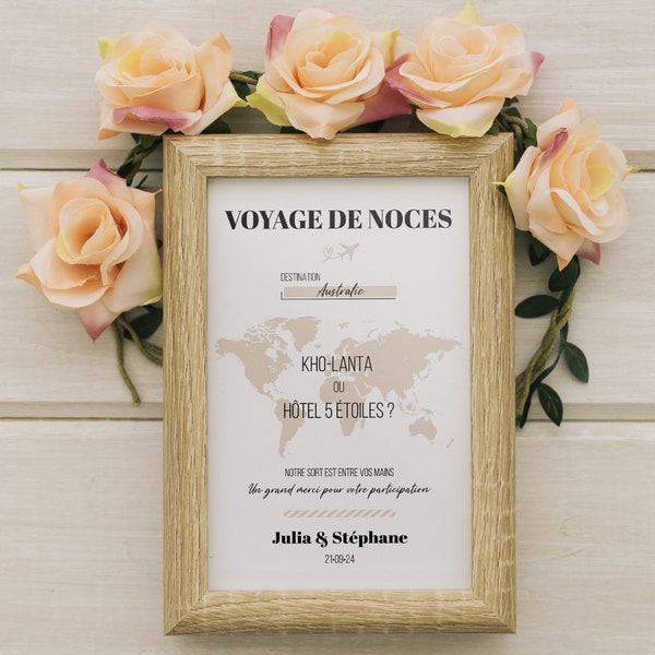 Affiche urne pour voyage de noces personnalisée, Pancarte mariage voyage, Beige, Noir, Carte du monde, Avion, Destination mariage