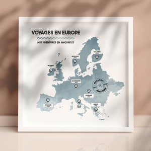 Poster voyage personnalisé avec épingles sur pays visités & dates - Idée cadeau toutes destinations - Carte d'Europe unique pour voyageurs