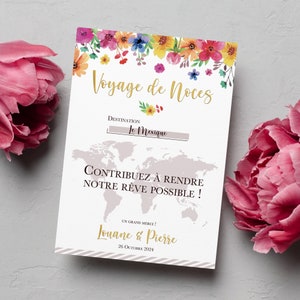 Affiche urne pour voyage de noces personnalisée, Pancarte mariage voyage, Carte du monde, Fleur Champêtre Multicolore, Destination mariage